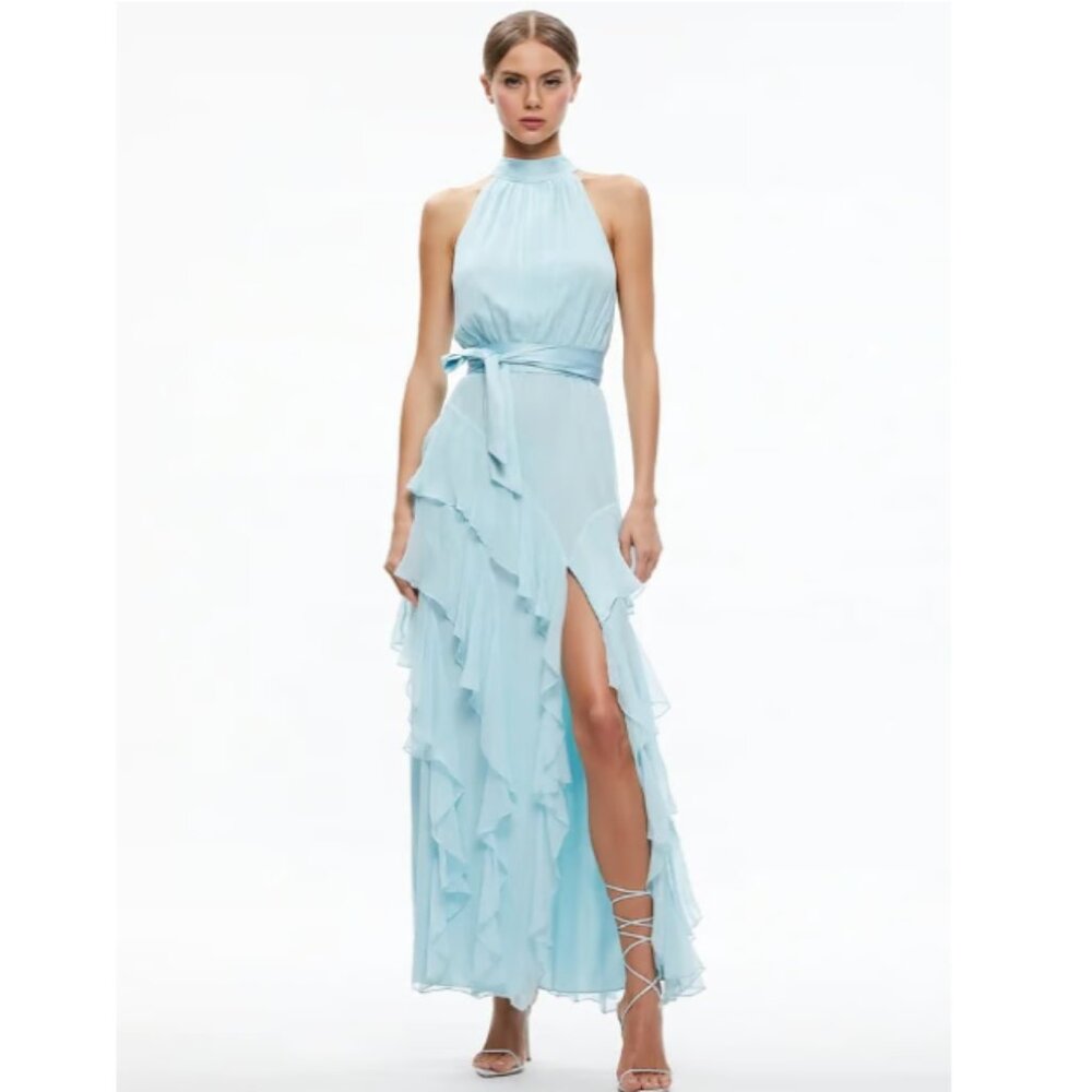Alice + Olivia Pale Blue Halter Maxi Dress with Ruffle Skirt originally $795.